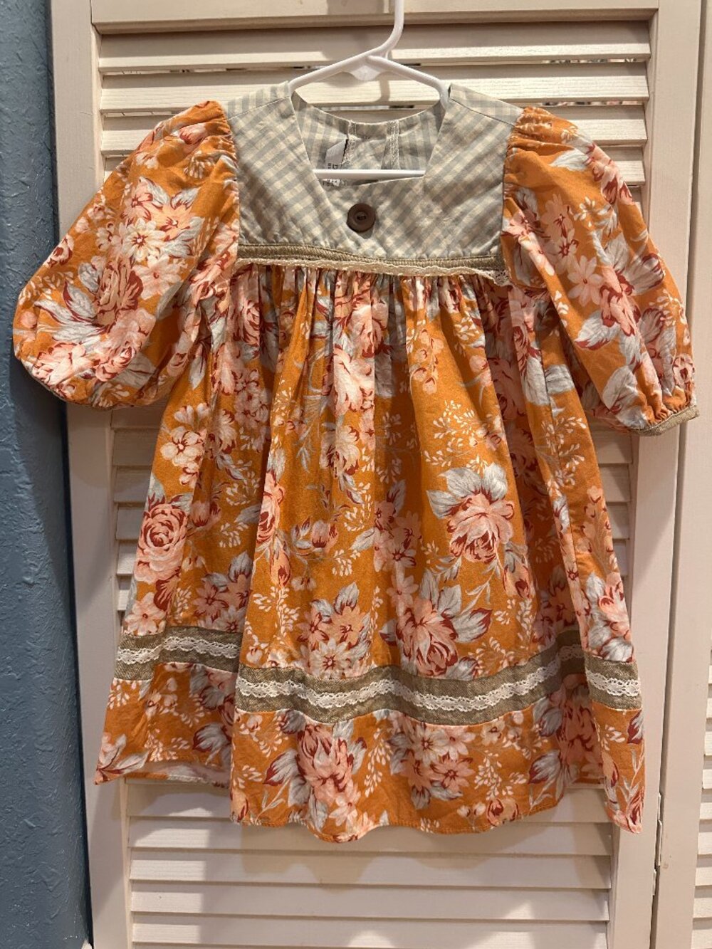 Darling Mae RicRac&Ruffles 3T Fall Floral Gingham Puff Sleeve Cottagecore Dress